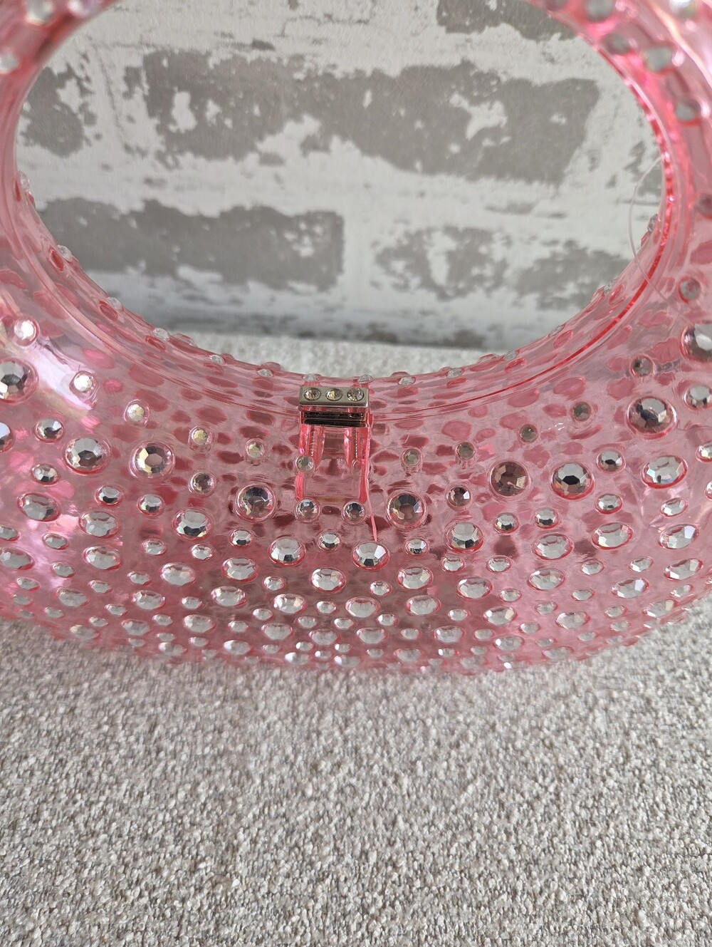 Pink Rhinestone Encrusted Acrylic Round Top Handle Clutch Bag - Picture 2 of 5